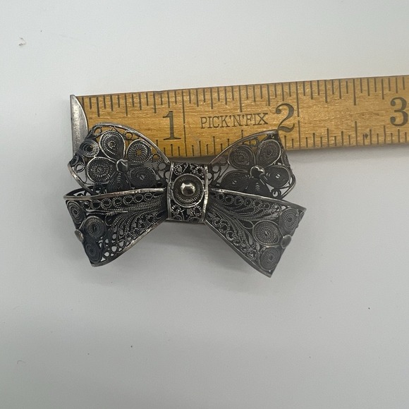 Vintage Sterling Silver 925 Bow Brooch Pin - Filigree Hand Crafted Design - Picture 7 of 7